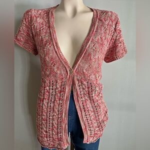 Chico’s Open Knit Marled Pink Beige Short Sleeve Cardigan Sweater Women M-L